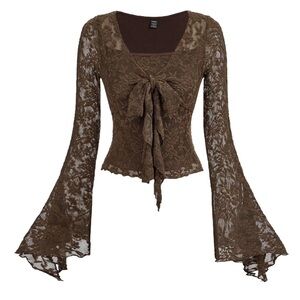 Whimsigoth Brown Lace Tie-Front Bell Sleeve Top